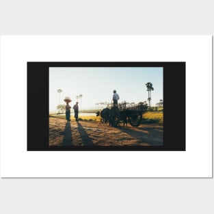 Burmese Farmer on Cart Talking to Two Other Farmers in Early Morning Light Posters and Art